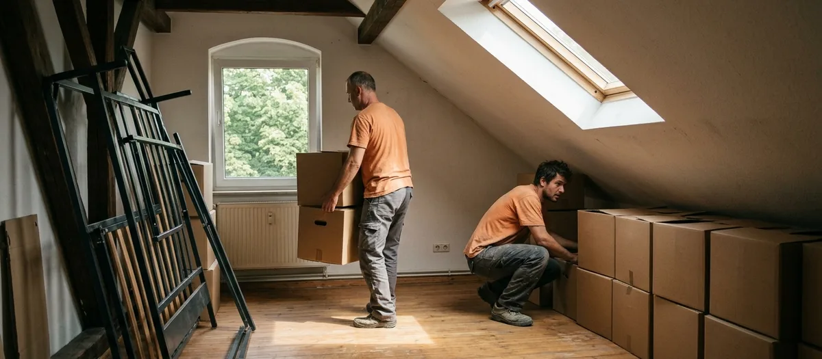 Zwei Träger stapeln Kartons im Dachgeschoss unter dem Dachflächenfenster