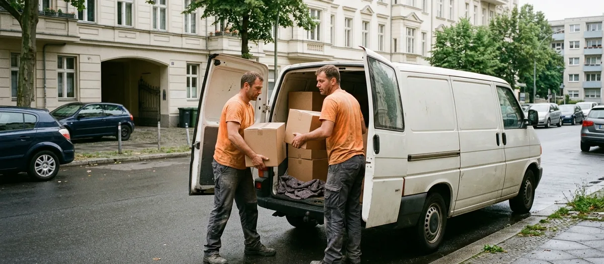Zwei Träger laden Kartons in den offenen Heckraum eines Transporters