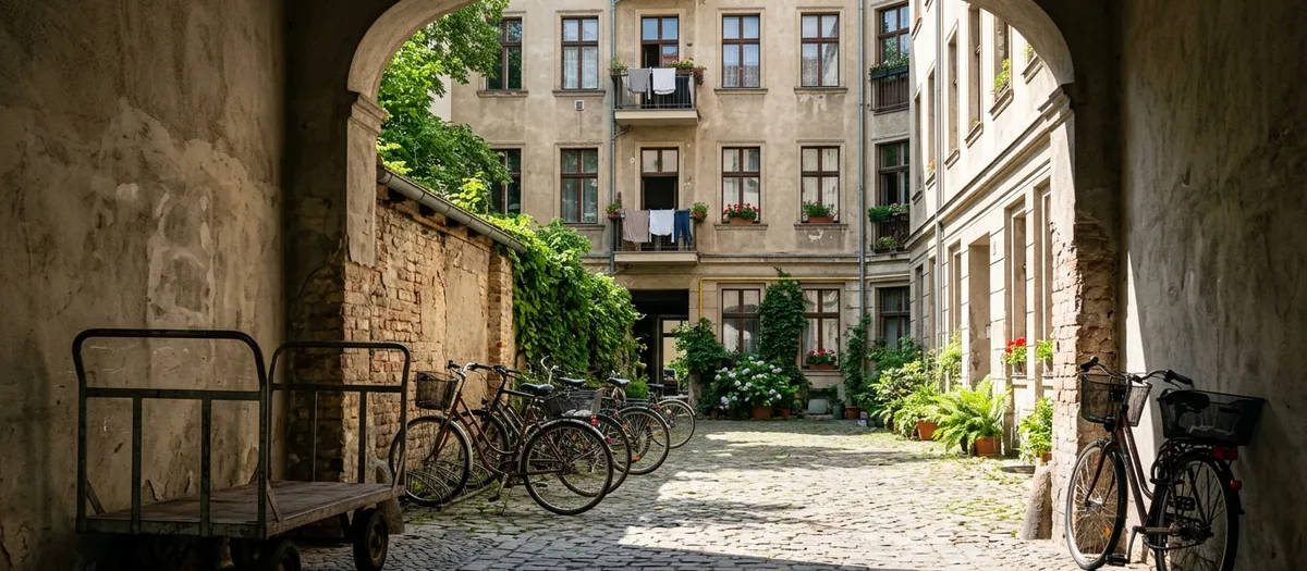 Blick durch die Toreinfahrt in den begrünten Hinterhof mit Fahrrädern und Plattenwagen