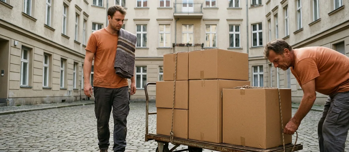 Zwei Träger schieben einen beladenen Plattenwagen über den Hof